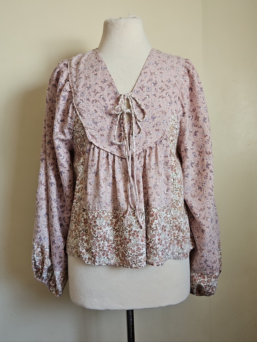 Lucky Brand Floral Boho Tie-Front Peasant Top Blouse In Lilac Sz Small